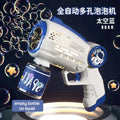 Bubble gun with blue and white design, surrounded by bubbles.