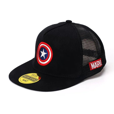 Black cap with Captain America shield emblem and Marvel logo 