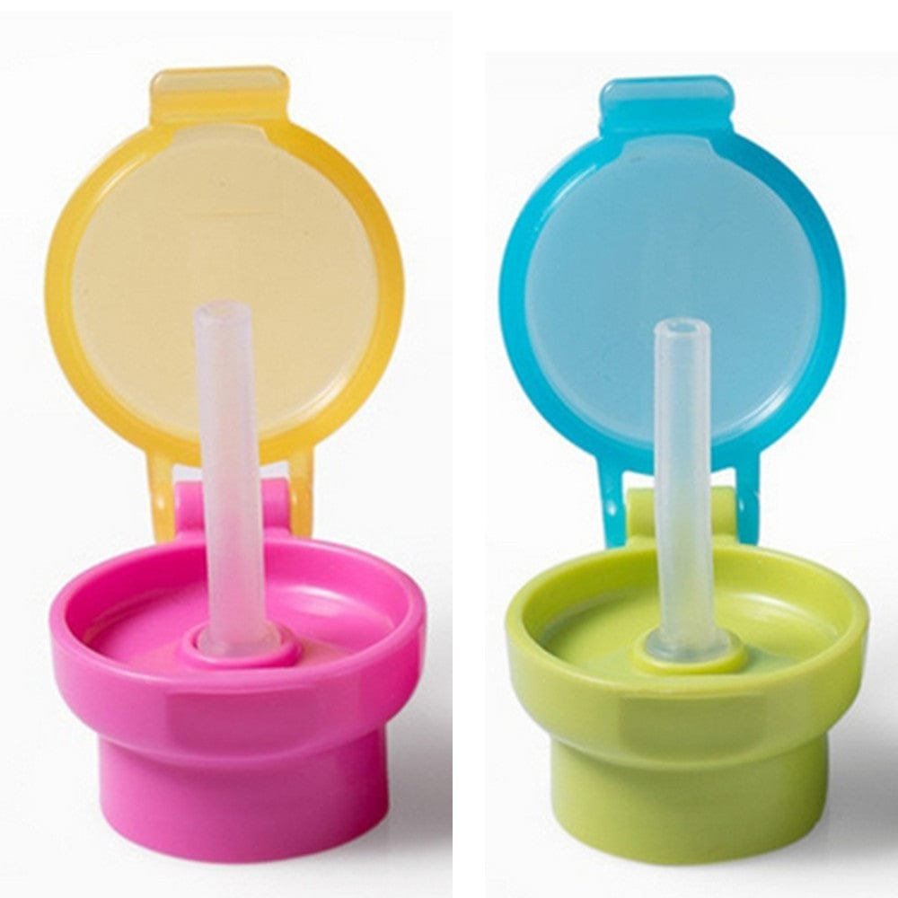 Spill proof twist cover caps with straws in four colours, turning juice and soda bottles into kids drink cups.