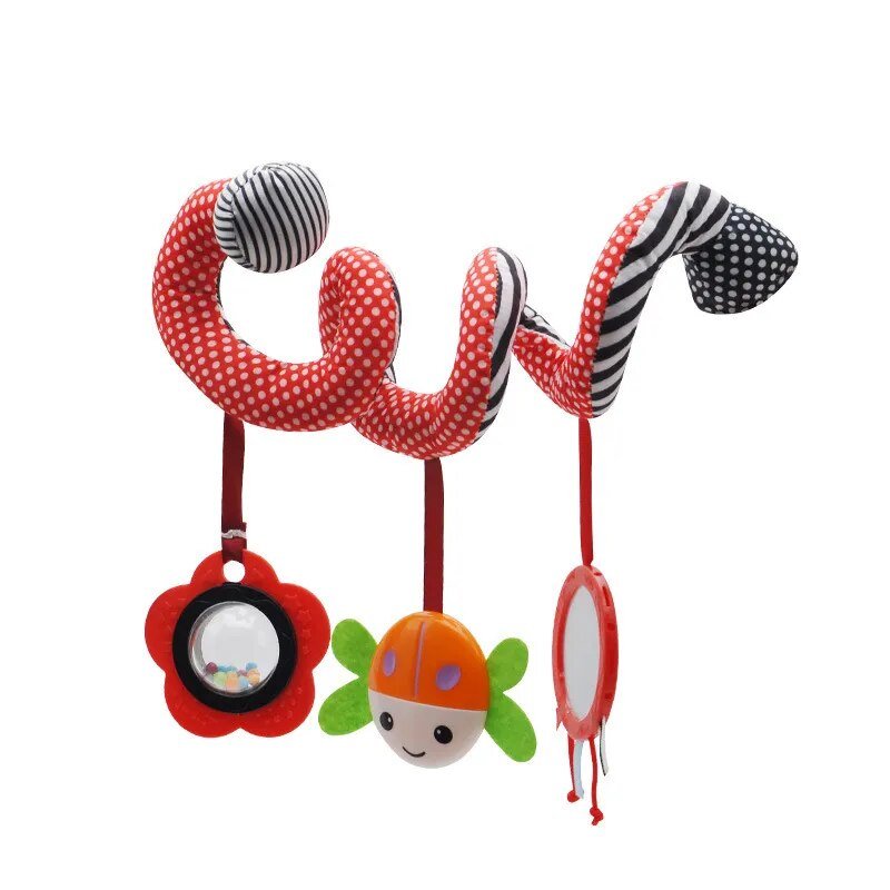 Colorful baby crib mobile with polka dot patterns and various shapes.