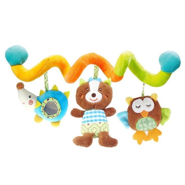 Soft Infant Crib Bed Stroller Toy Spiral in cheerful colours with animal figures for playful sensory exploration.