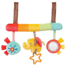 Soft Infant Crib Bed Stroller Toy Spiral with an elephant charm and various shapes for shape recognition play.