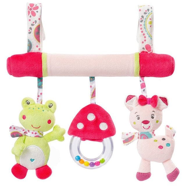 Soft Infant Crib Bed Stroller Toy Spiral frog, mushroom, and cat critters for playful crib entertainment.
