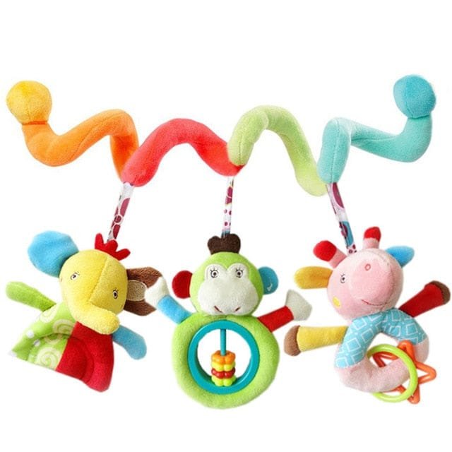 Soft Infant Crib Bed Stroller Toy Spiral with hanging characters attached for stroller play on outings.