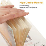 Hand holding a spiral-bound notebook with text about high-quality material, fluent writing, durability, and comfort.