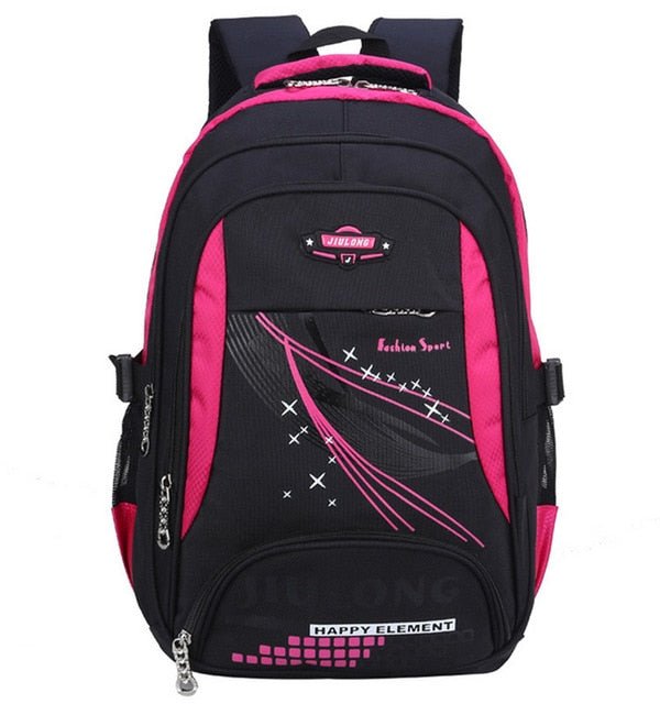 Black and pink backpack with visible branding.