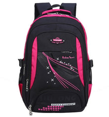 Black and pink backpack with visible branding.