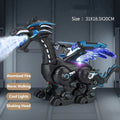 Black spray dinosaur toy puffing mist with callouts for atomized fire, bionic walking, cool lights and shaking head, size 31 x 18.5 x 20 cm