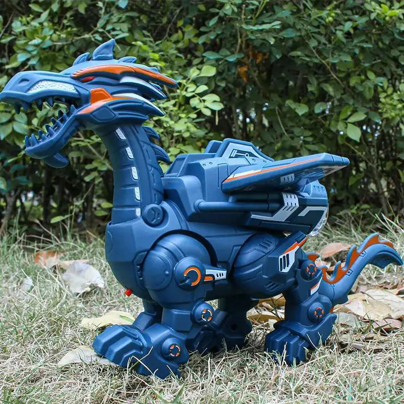 Blue spray dinosaur toy with orange accents standing on grass in front of a hedge