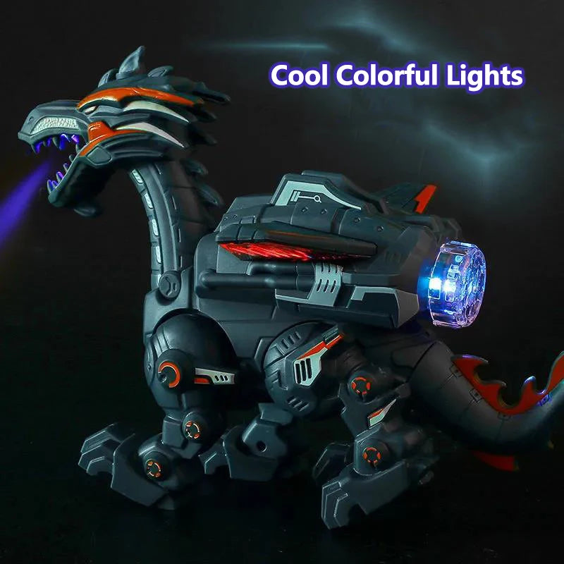 Dark spray dinosaur toy with a glowing purple light on its side and the words Cool Colorful Lights