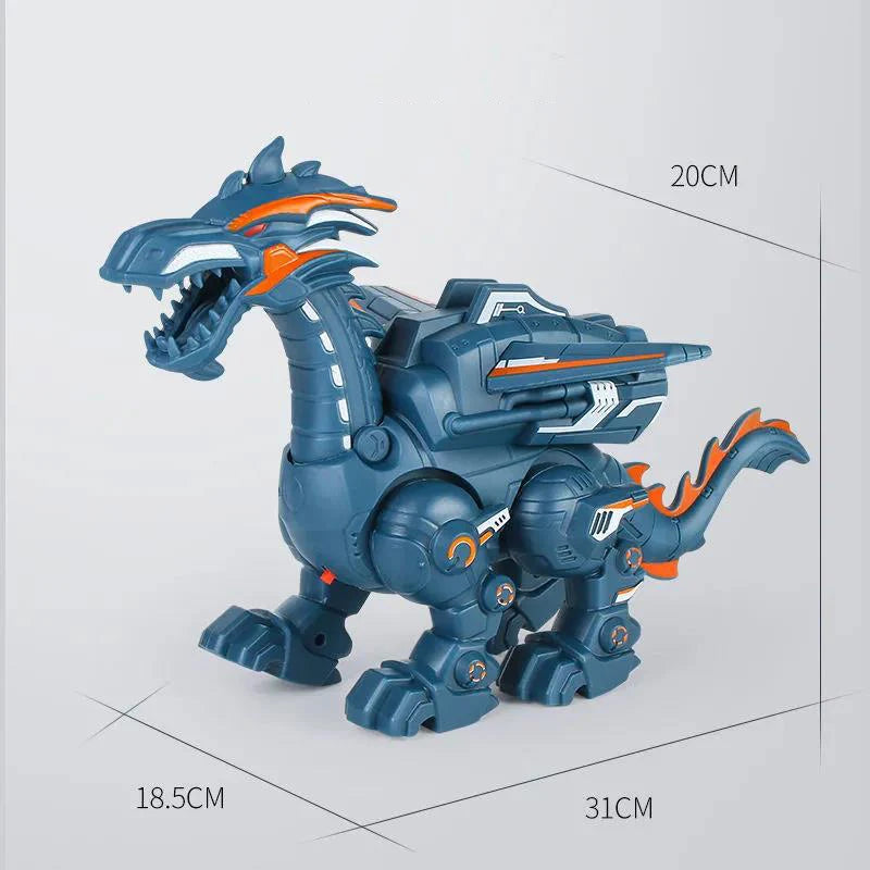 Blue-teal spray dinosaur toy with size markers of 31 cm, 20 cm and 18.5 cm on a light background