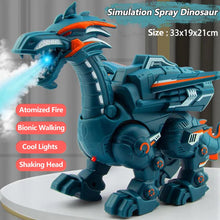 Teal spray dinosaur toy with callouts for atomized fire, bionic walking, cool lights and shaking head, size 33 x 19 x 21 cm