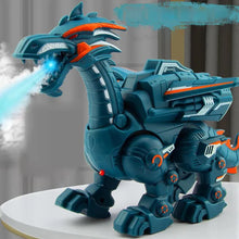 Teal spray dinosaur toy with a glowing blue mouth releasing mist on a white pedestal