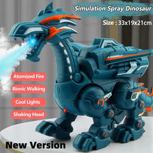 Teal spray dinosaur toy with mist and the words New Version, size 33 x 19 x 21 cm