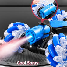 RC stunt car with gesture control spray effect shown in close-up of the mist nozzle.