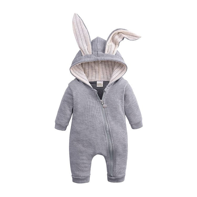 Spring Autumn Newborn Baby Clothes grey bunny onesie back view for checking the relaxed fit before everyday wear.