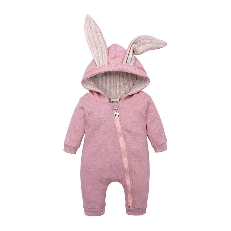 Spring Autumn Newborn Baby Clothes pink bunny onesie back view for judging length and fit before baby shower gifting.