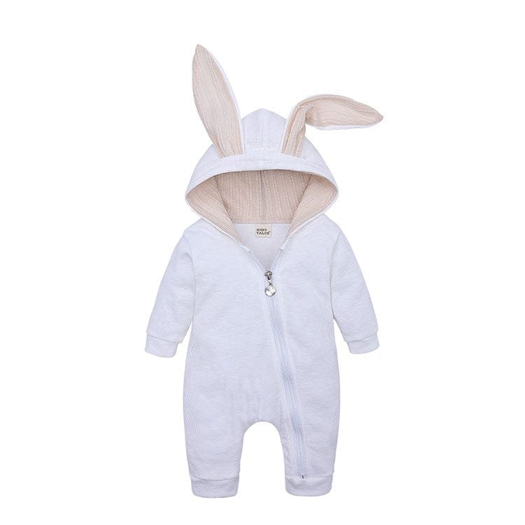 Spring Autumn Newborn Baby Clothes white bunny onesie sleeve cuff detail for keeping little hands warm during stroller walks.
