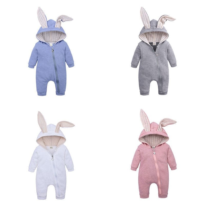 Spring Autumn Newborn Baby Clothes bunny ear rompers in blue, grey, white, and pink for choosing a colour for daily baby wear.