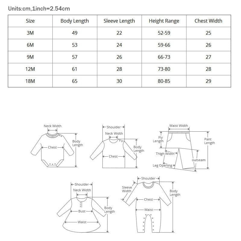 Spring Autumn Newborn Baby Clothes bunny romper size chart for picking the correct fit before buying for newborns and infants.