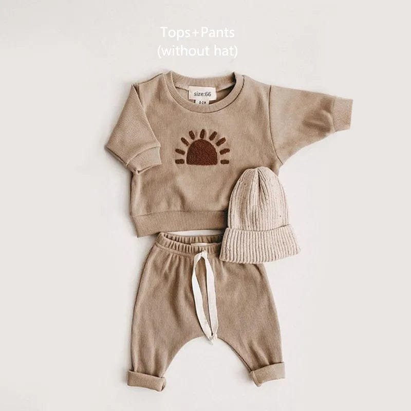 Spring Baby Set Newborn Sweatshirt and Pants Outfit Combo brown full look angled flat lay for outfit planning before spring walks.