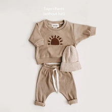 Spring Baby Set Newborn Sweatshirt and Pants Outfit Combo brown outfit with matching hat for coordinated newborn photos and outings.