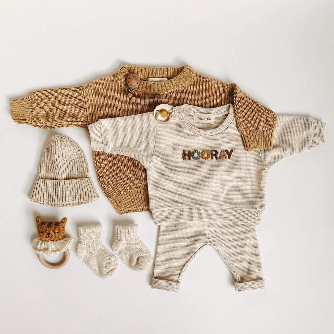 Spring Baby Set Newborn Sweatshirt and Pants Outfit Combo with brown sweater, hat, socks, and rattle for complete newborn gifting.