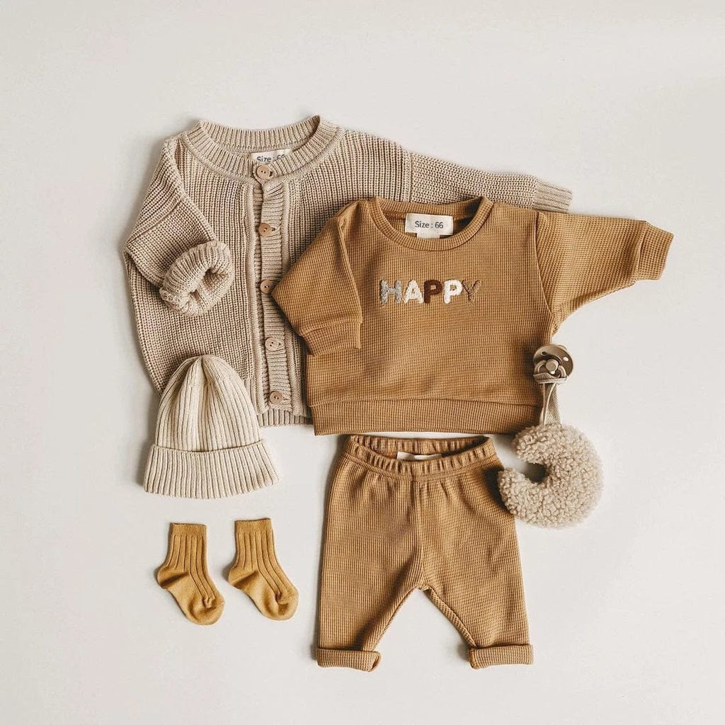 Spring Baby Set Newborn Sweatshirt and Pants Outfit Combo full kit with cardigan, pants, hat, and socks for layered spring dressing.