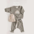 Spring Baby Set Newborn Sweatshirt and Pants Outfit Combo grey rainbow design with hat and pants for cheerful spring dressing.