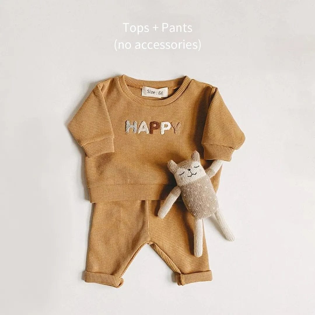 Spring Baby Set Newborn Sweatshirt and Pants Outfit Combo brown HAPPY outfit styled with a toy for baby shower gift sets.