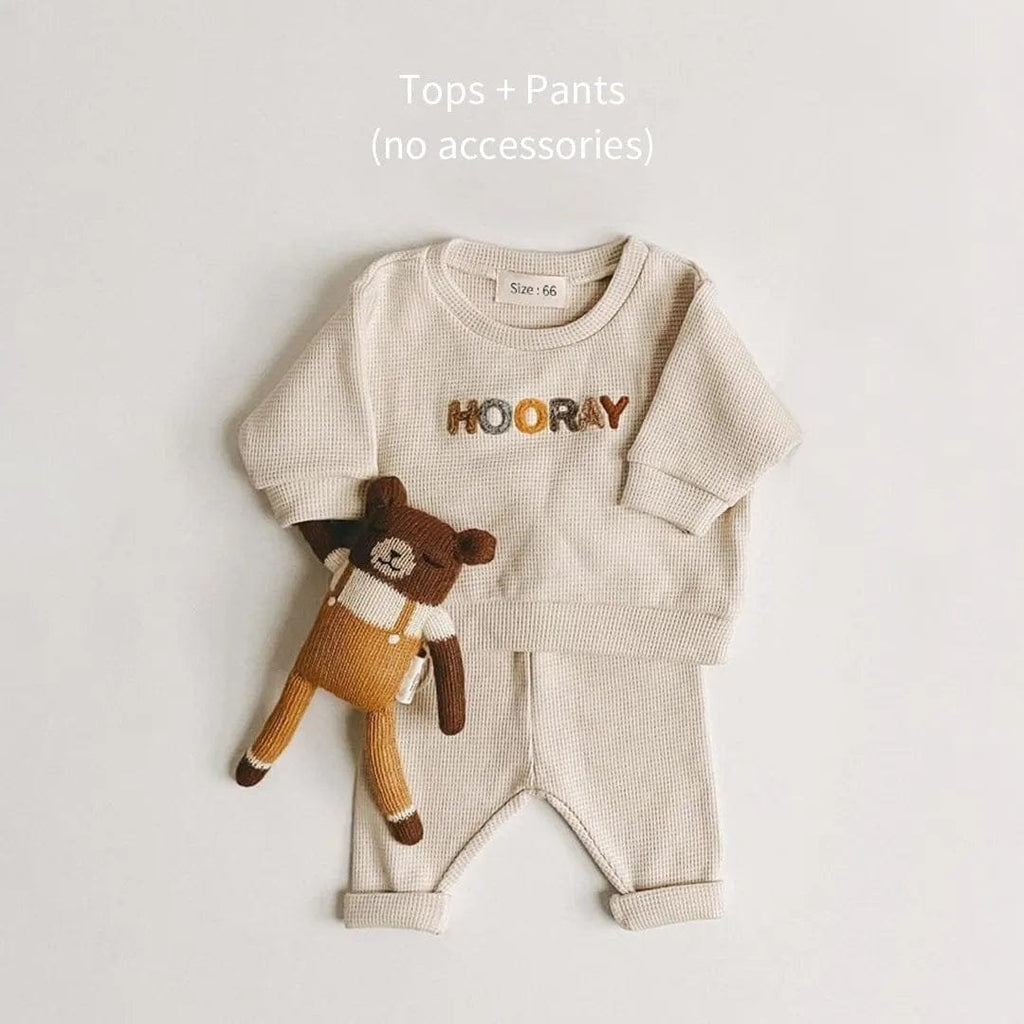 Spring Baby Set Newborn Sweatshirt and Pants Outfit Combo HOORAY outfit angled with toy for gift presentation and nursery styling.