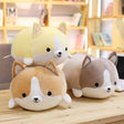 Three plush toys shaped like corgis on a wooden surface.