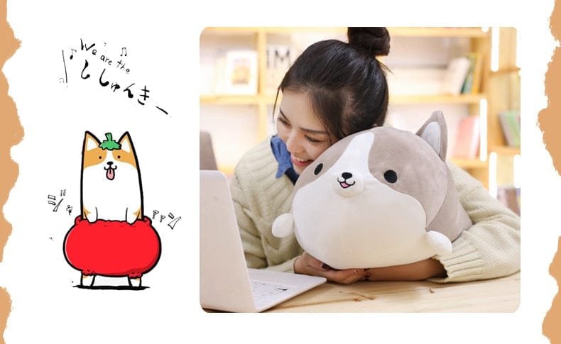Squishy Corgi Plush Pillow held beside its cartoon design art for playful gifting and cute bedroom styling.