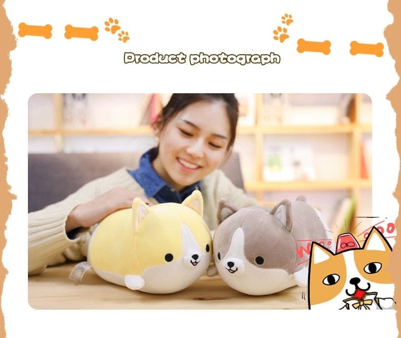 Squishy Corgi Plush Pillow yellow and grey pair on a wooden surface for bedroom styling and everyday soft-toy comfort.