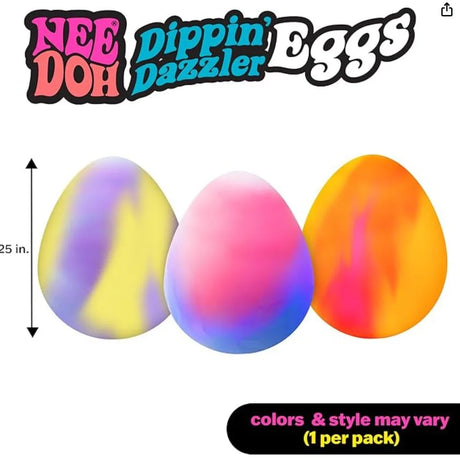 Three colorful eggs with 'Dippin' Dazzler Eggs' branding and dimensions 