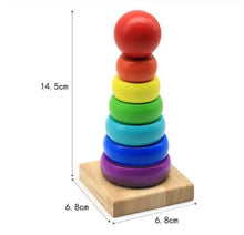 Montessori wooden stacking puzzle toy for babies shown with size details for interactive learning play.