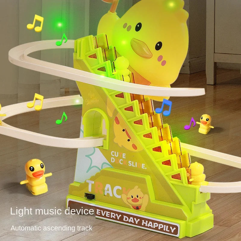 Glowing duck roller coaster toy with music notes and an automatic ascending track