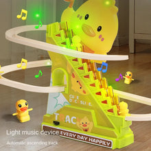 Glowing duck roller coaster toy with music notes and an automatic ascending track
