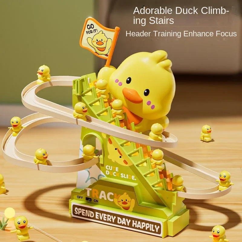 Big yellow duck roller coaster toy with a flag and small ducks climbing the stairs