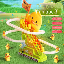 Duck roller coaster toy on grass with callouts for cool lights, smooth track and dynamic music