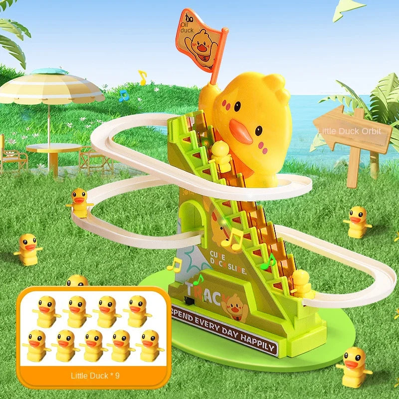 Duck roller coaster toy on grass with a set of nine small ducks shown in the corner