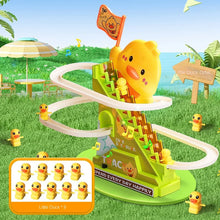 Duck roller coaster toy on grass with a set of nine small ducks shown in the corner