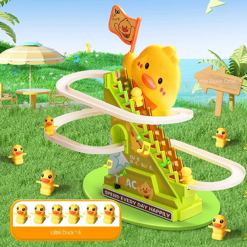 Duck roller coaster toy on grass with a set of six small ducks shown in the corner