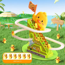 Duck roller coaster toy on grass with a set of six small ducks shown in the corner