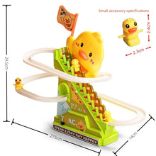 Duck roller coaster toy with size markers of 24.5 cm, 27.5 cm and 14 cm and a small duck of 2.3 by 2.4 cm
