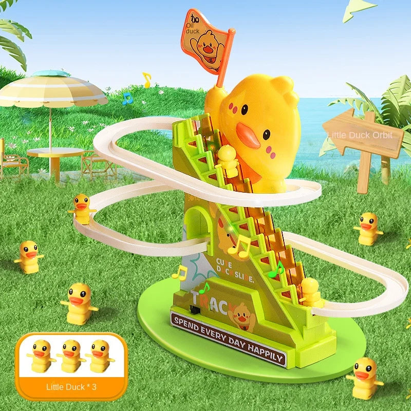 Duck roller coaster toy on grass with a set of three small ducks shown in the corner