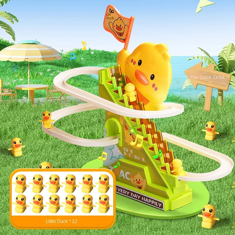 Duck roller coaster toy on grass with a set of twelve small ducks shown in the corner