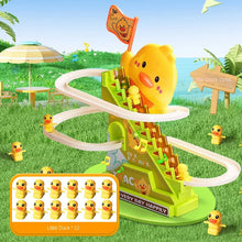 Duck roller coaster toy on grass with a set of twelve small ducks shown in the corner