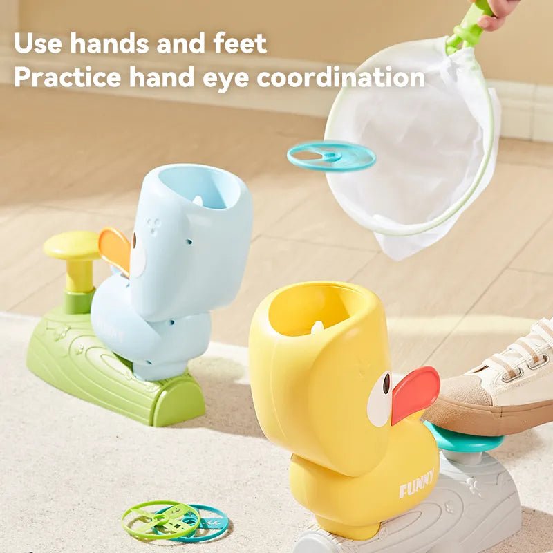 Colorful baby toy with text promoting hand-eye coordination