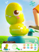 Toy dinosaur figure with a blue base on a grassy field